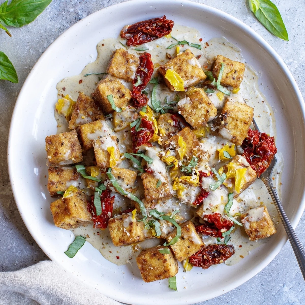 Vegan Marry Me Tofu served steaming hot with rich red cream sauce and parmesan sprinkles