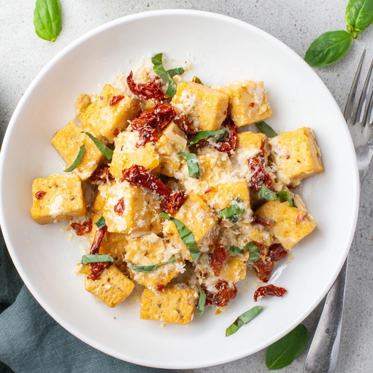 Golden crispy tofu cubes swim in creamy sun-dried tomato garlic sauce with fresh basil garnish