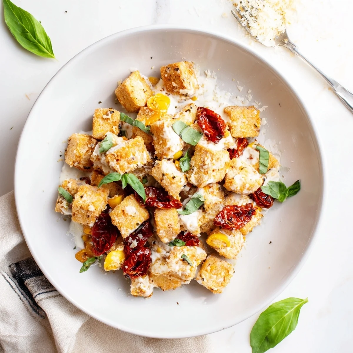 Crispy pan-fried tofu pieces coated in luxurious sun-dried tomato cream sauce topped with green basil