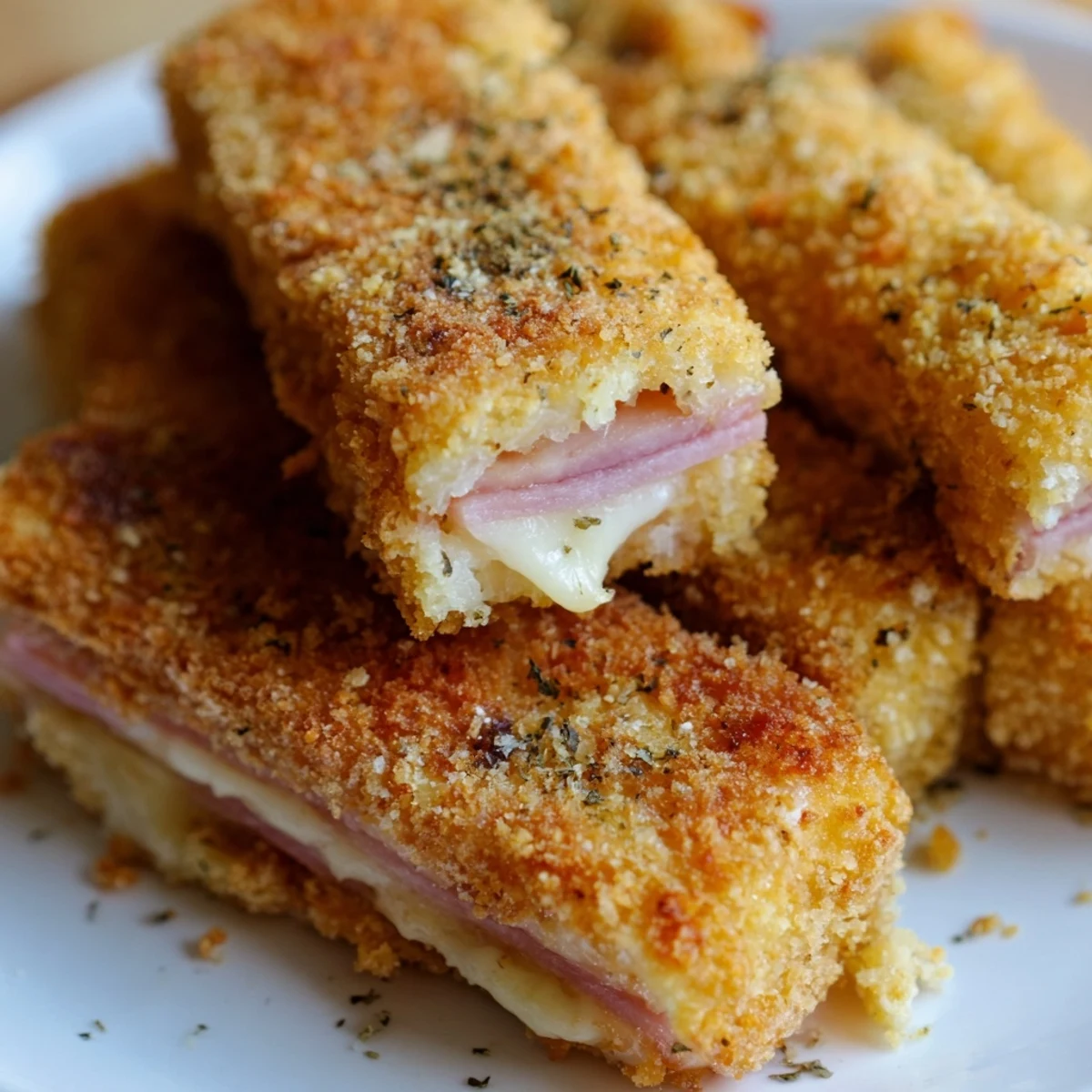 Golden brown ham and cheese sticks arranged on serving plate with dipping sauce