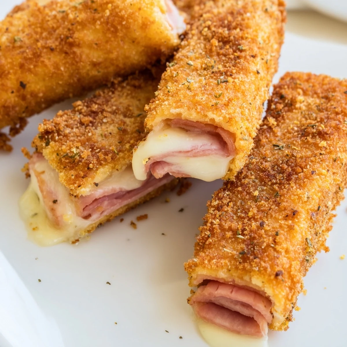 Close up of homemade ham and cheese sticks served with marinara dipping sauce
