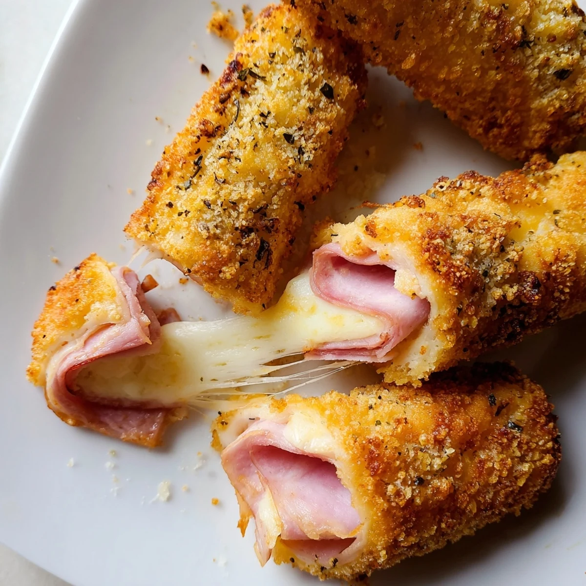 Crispy fried ham and cheese sticks showcase melted mozzarella inside breadcrumb coating