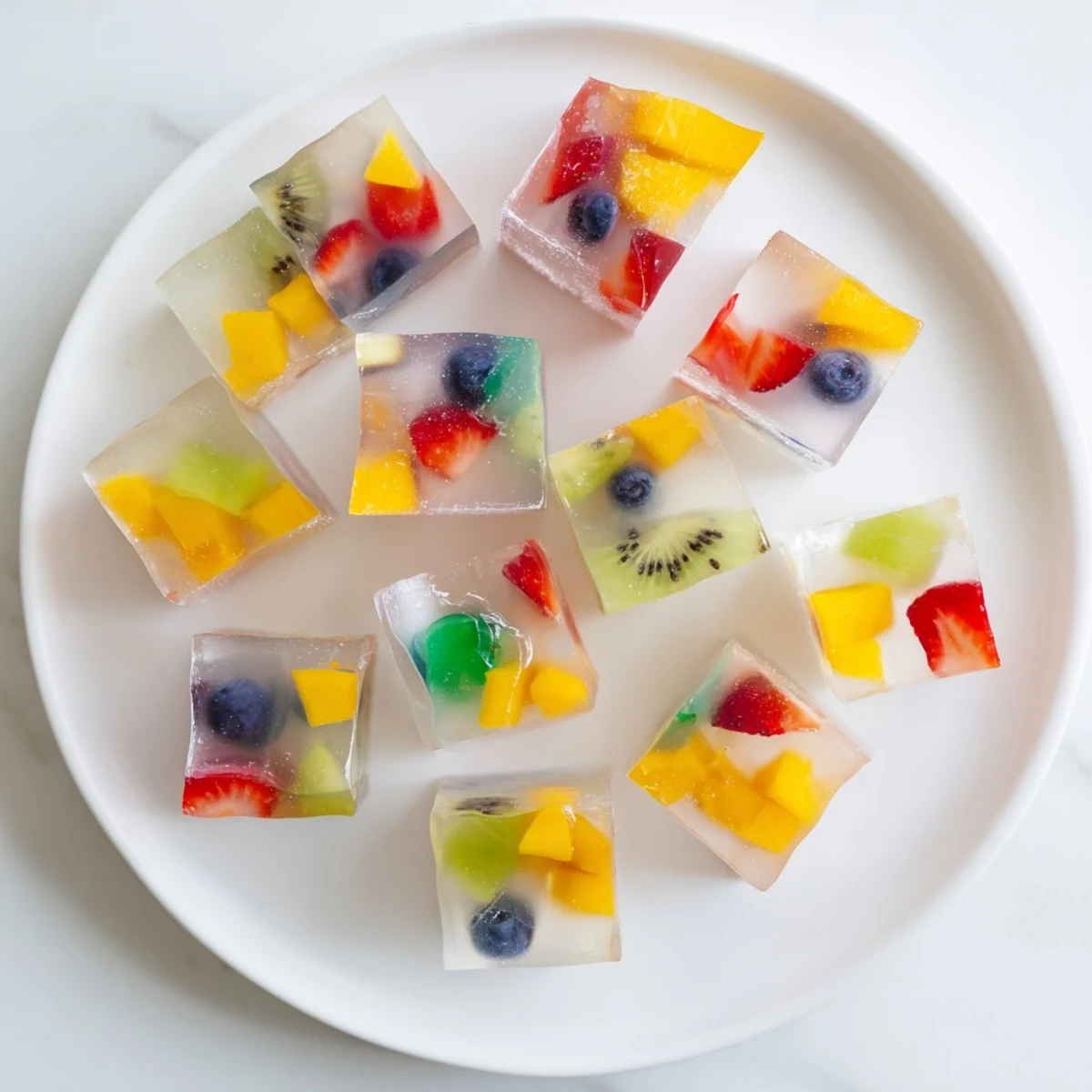Glass dish of colorful agar agar fruit jelly set with fresh strawberries, kiwi, mango, and pineapple cubes