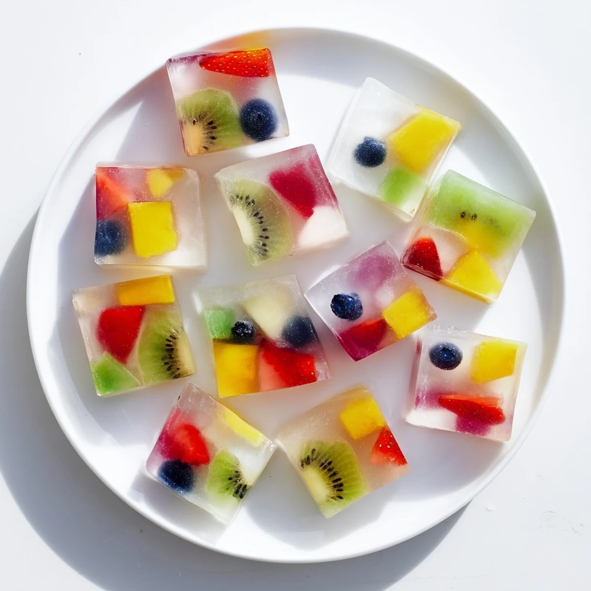 Cube of translucent agar agar fruit jelly revealing suspended diced strawberries, kiwi, and blueberries inside