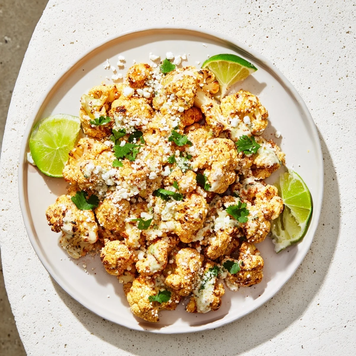 Golden roasted Cauliflower Elote coated in creamy sauce and topped with crumbled cotija cheese