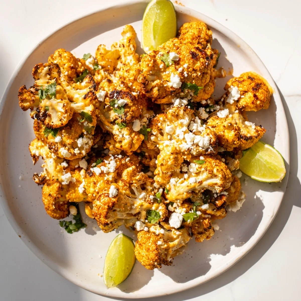 Vibrant Mexican Cauliflower Elote sprinkled with fresh cilantro and chili powder on a platter