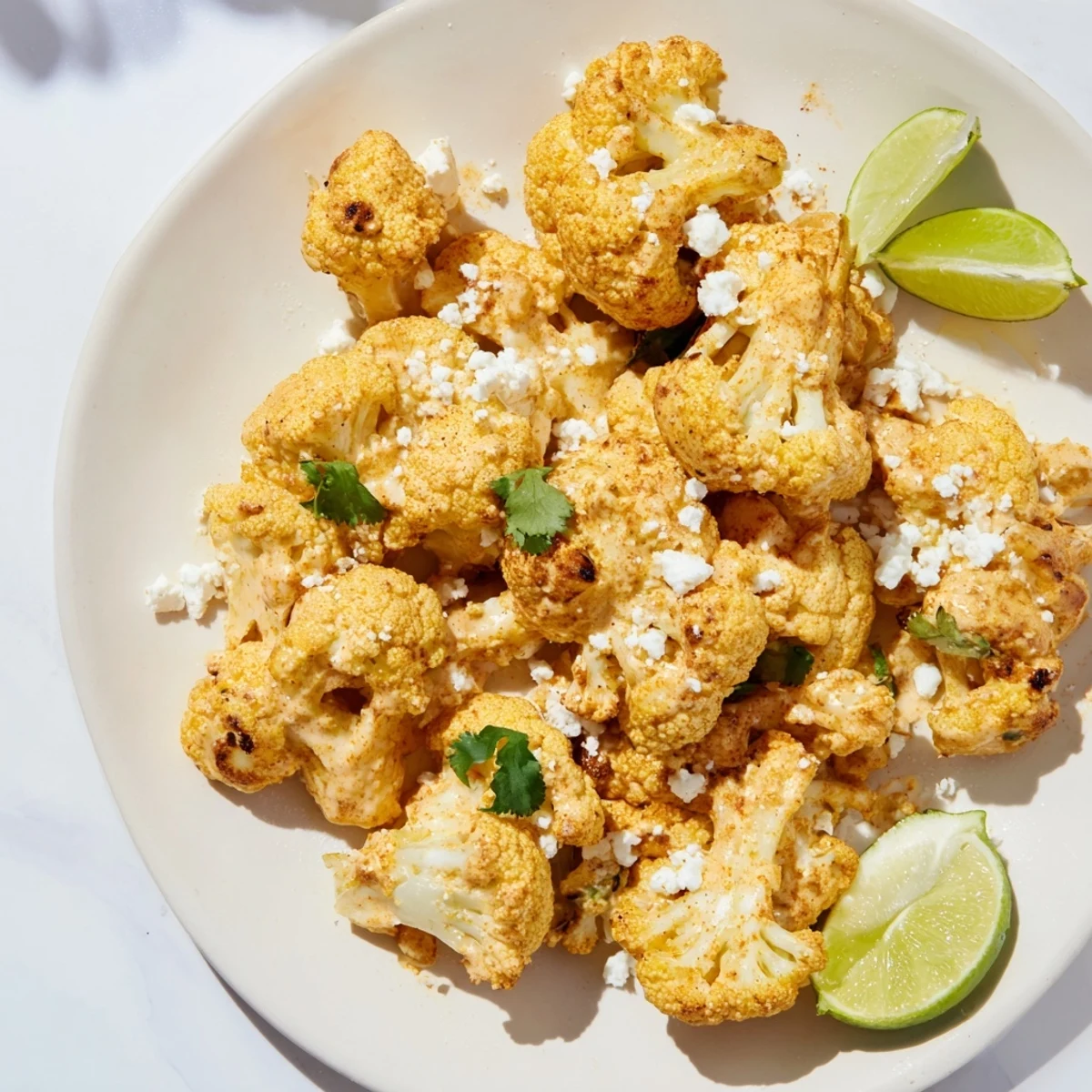 Creamy Cauliflower Elote with tangy lime wedges and smoky spices ready to serve