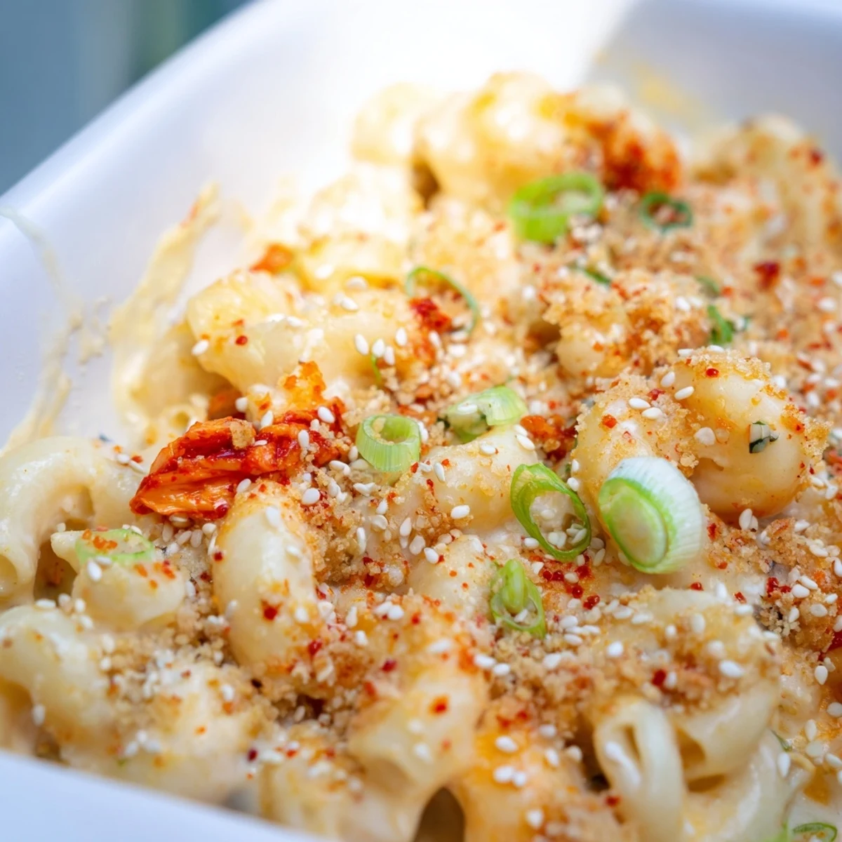 Creamy kimchi mac and cheese bubbling in a baking dish with golden panko topping