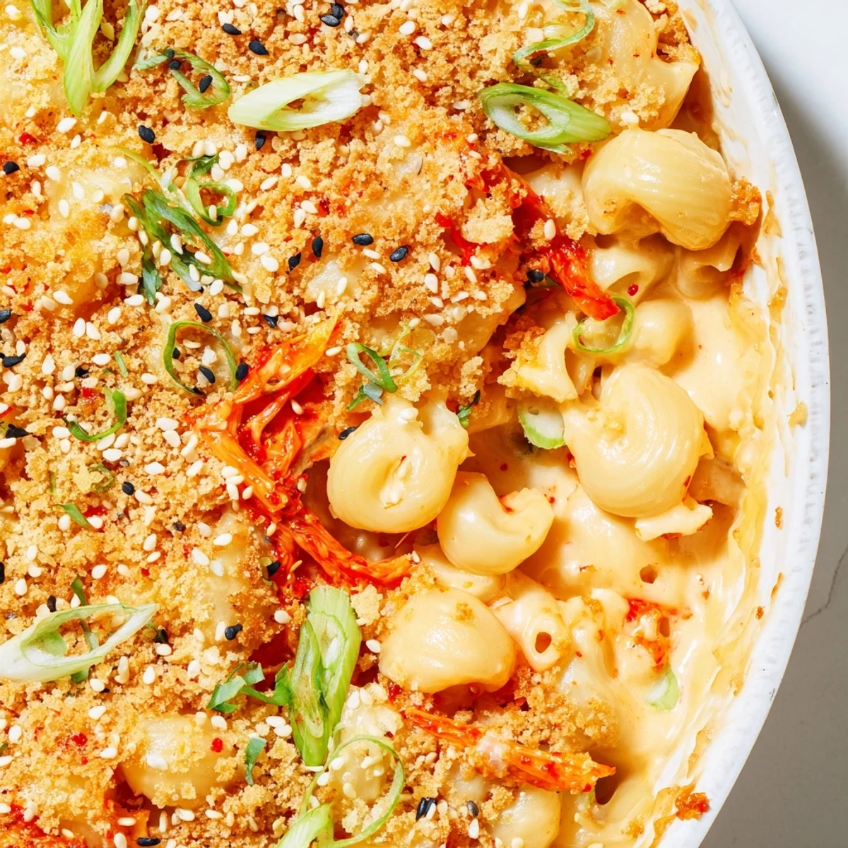 Spicy kimchi mac and cheese with melted cheddar and mozzarella on a white plate