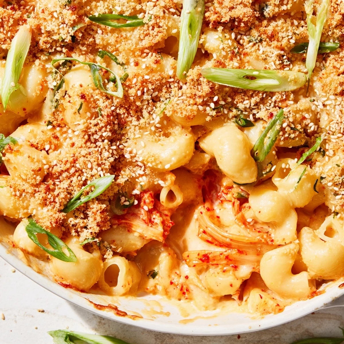 Baked kimchi mac and cheese served hot with crispy buttered breadcrumbs and sesame seeds