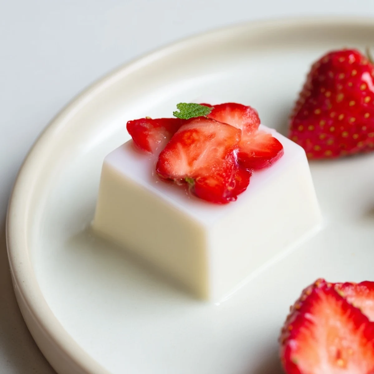 Glossy rectangular yokan dessert with fresh strawberry halves suspended in creamy white milk jelly