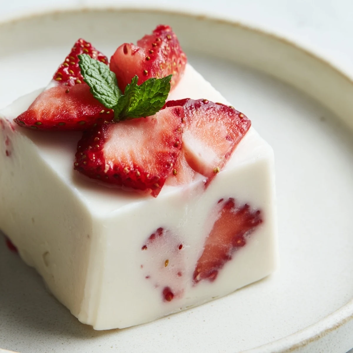 Sweet milk-based Japanese yokan featuring vibrant red strawberries arranged in a smooth translucent block