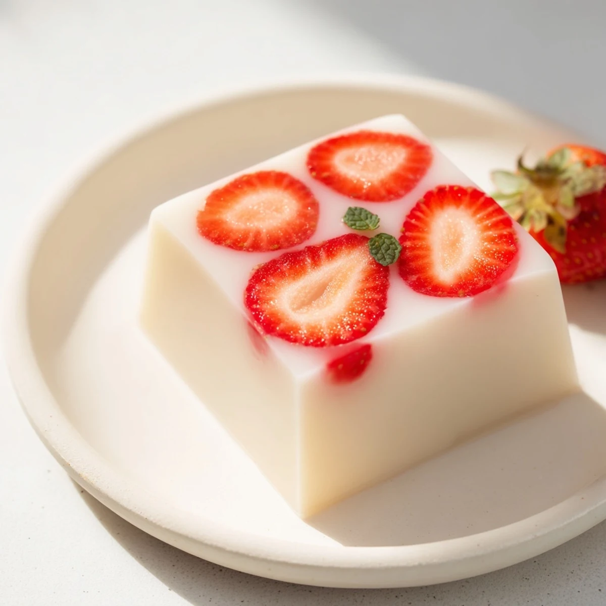 Creamy agar dessert with halved strawberries embedded in soft white milk jelly, garnished with mint
