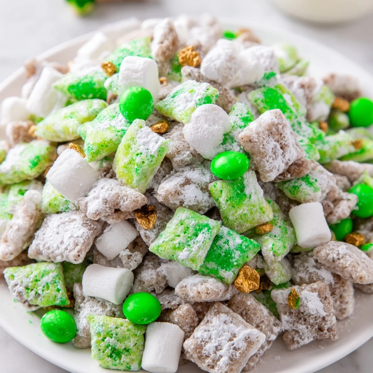 Festive St. Patricks Day Lucky Chow snack mix with green candies and marshmallows