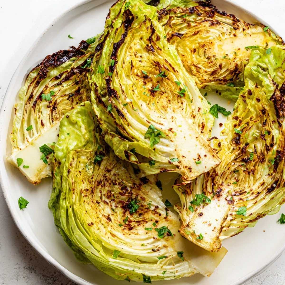 Oven-baked cabbage wedges sprinkled with fresh parsley and smoky spices on a baking sheet