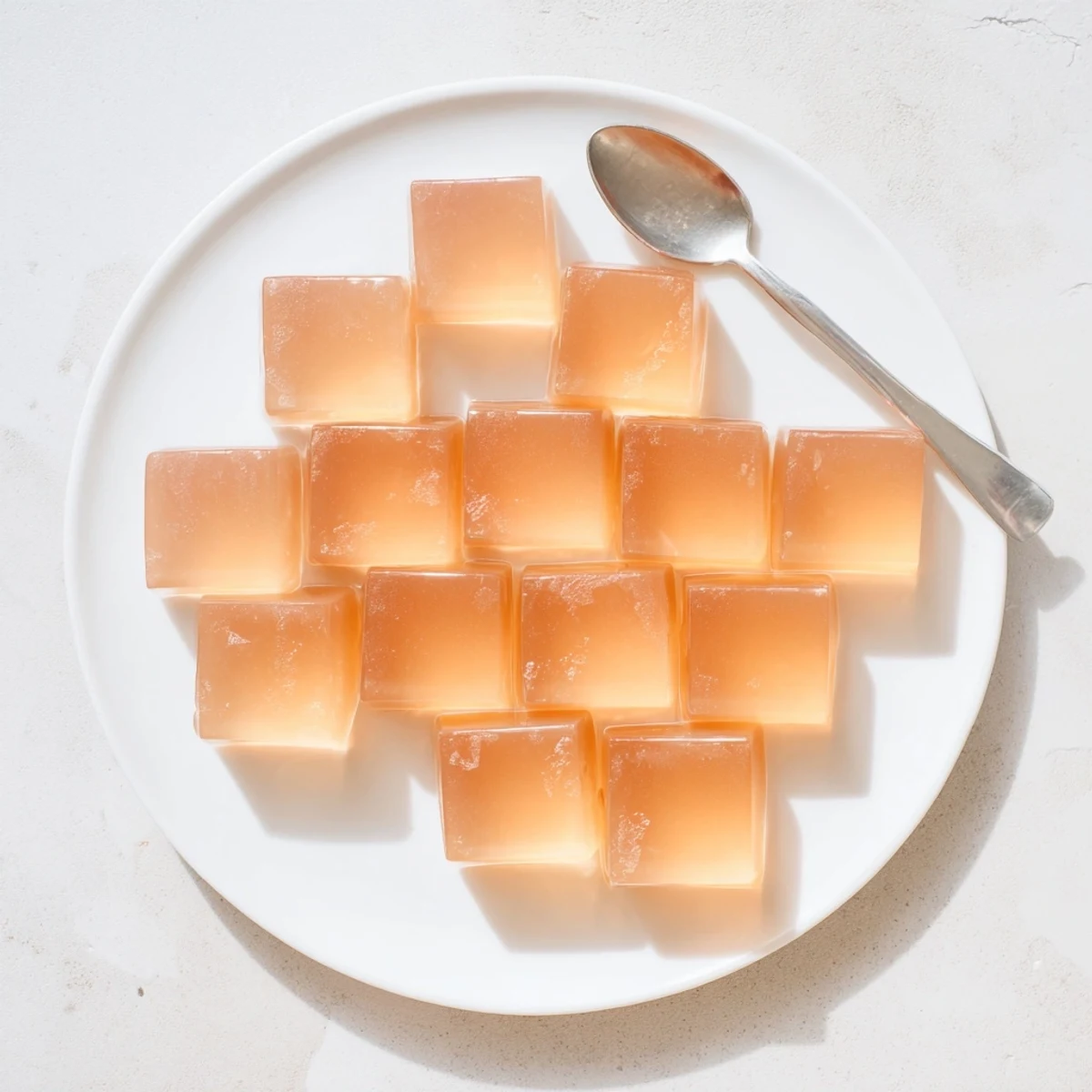 Homemade probiotic jello snacks arranged on a white plate, showcasing their glossy translucent appearance and cute bite-sized shapes