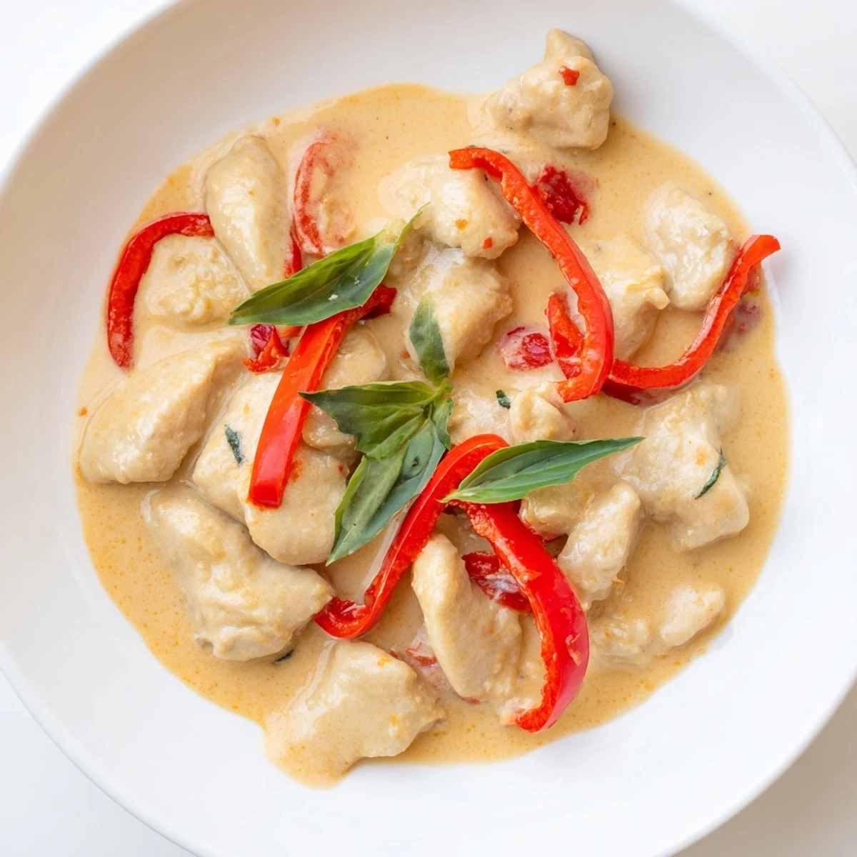 Creamy Thai-inspired basil chicken curry simmering in rich coconut milk with tender chicken pieces and colorful vegetables, ready over steamed jasmine rice