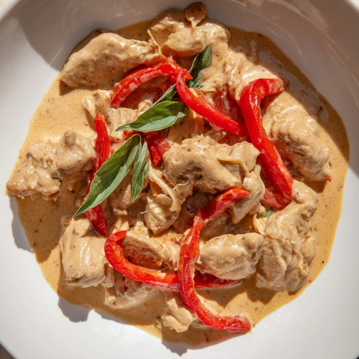 Golden basil chicken in coconut curry sauce with vibrant red bell pepper slices and fresh green basil garnish, served in a shallow white bowl