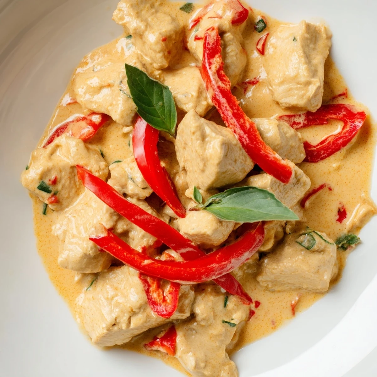 Savory chicken thighs swimming in fragrant coconut curry sauce with aromatic fresh basil leaves and lime wedges on a rustic wooden dining table