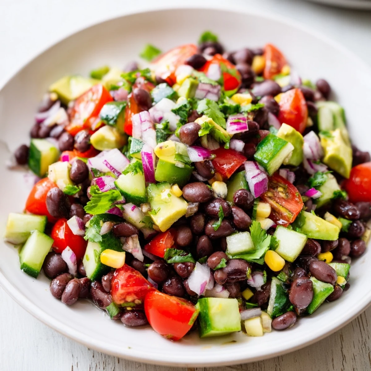 Colorful chopped black bean salad with fresh corn, avocado, and crisp vegetables in a bowl