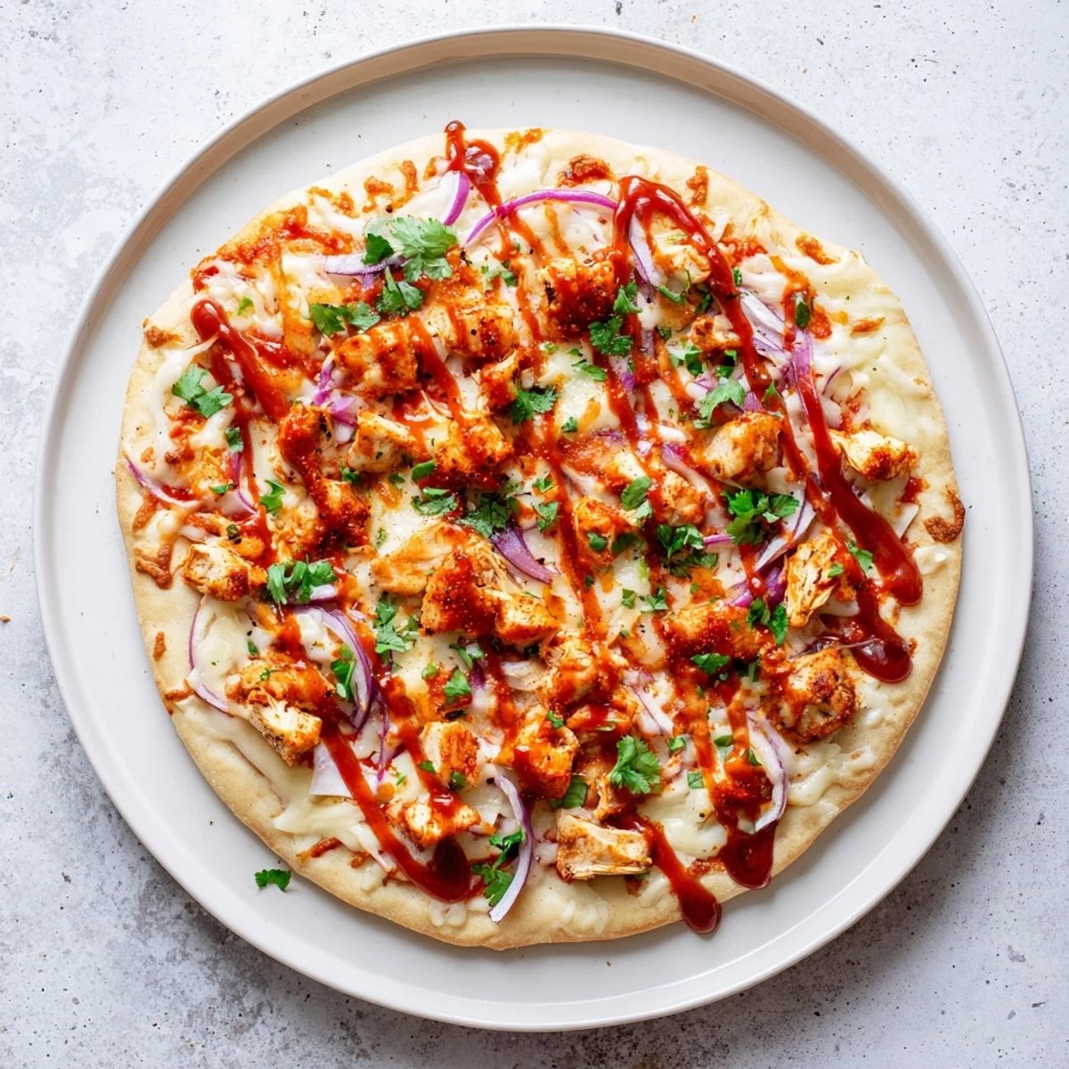 Golden homemade BBQ chicken pizza topped with melted cheese smothered chicken slices fresh red onions and bell peppers