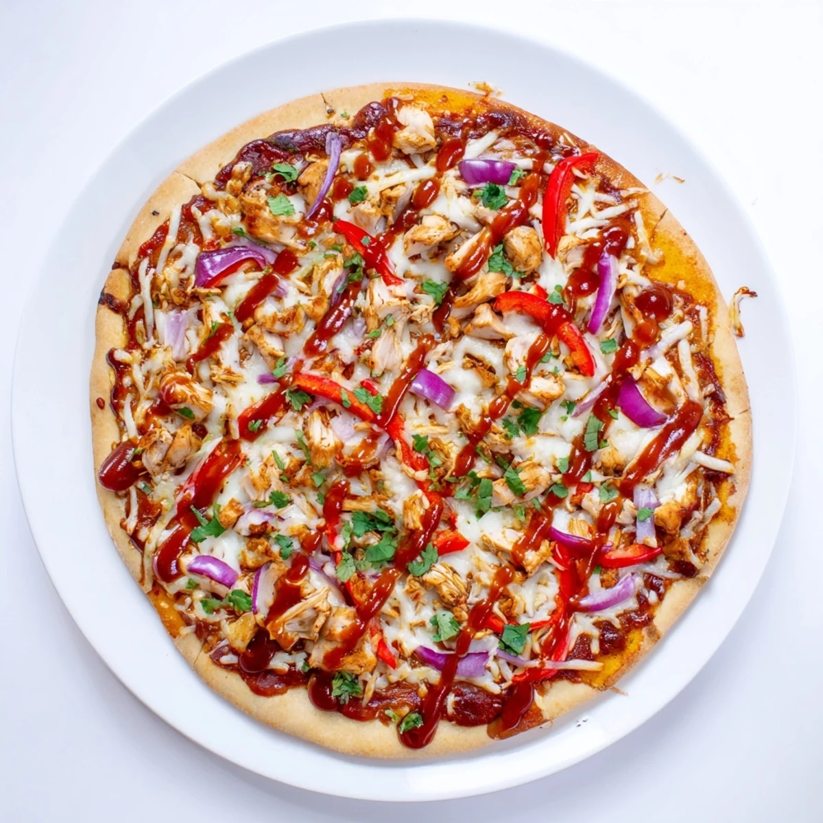 Sizzling BBQ chicken pizza fresh from the oven featuring bubbling mozzarella smoked gouda tender meat and colorful vegetables