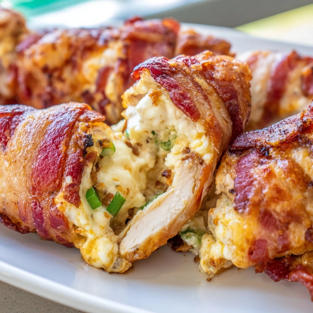 Crispy bacon-wrapped chicken breasts stuffed with creamy jalapeño cheese filling and baked until golden