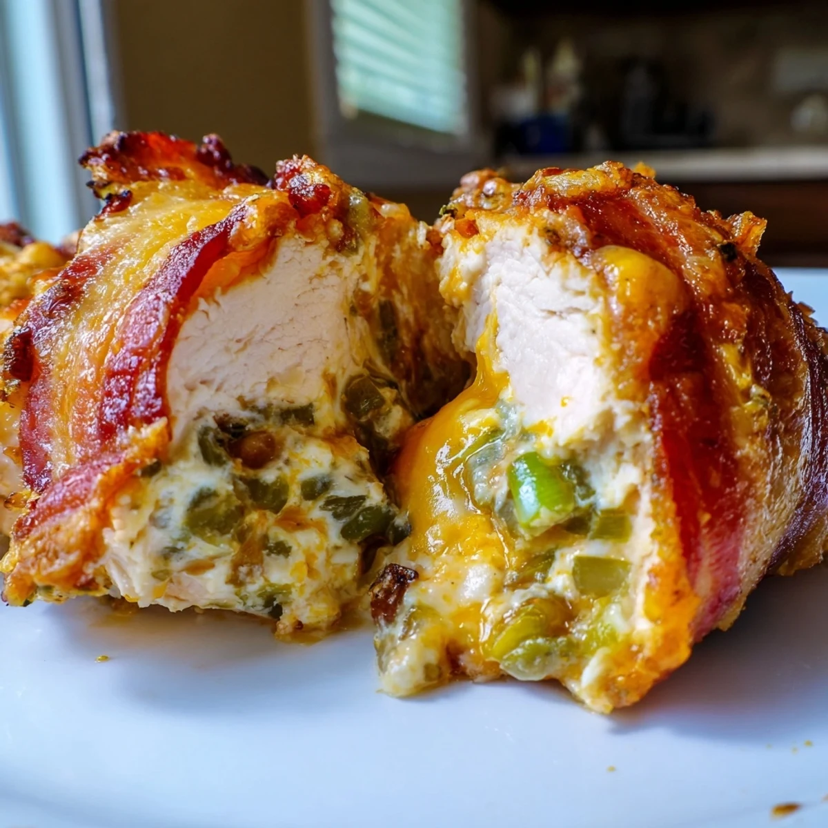 Juicy bacon-wrapped jalapeño popper chicken breast sliced open to reveal melted cheese and peppers