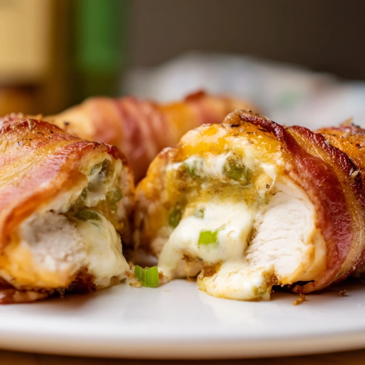 Golden brown bacon-wrapped chicken on a white plate with green onion garnish and visible cheese stuffing