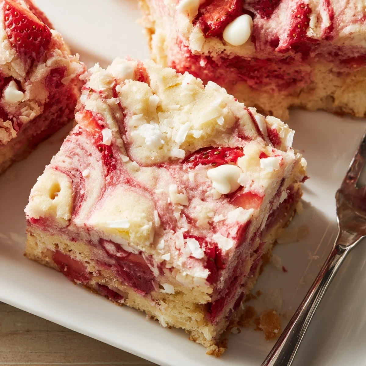 Decadent strawberry earthquake cake featuring cracked marbled cream cheese coconut and white chocolate chips