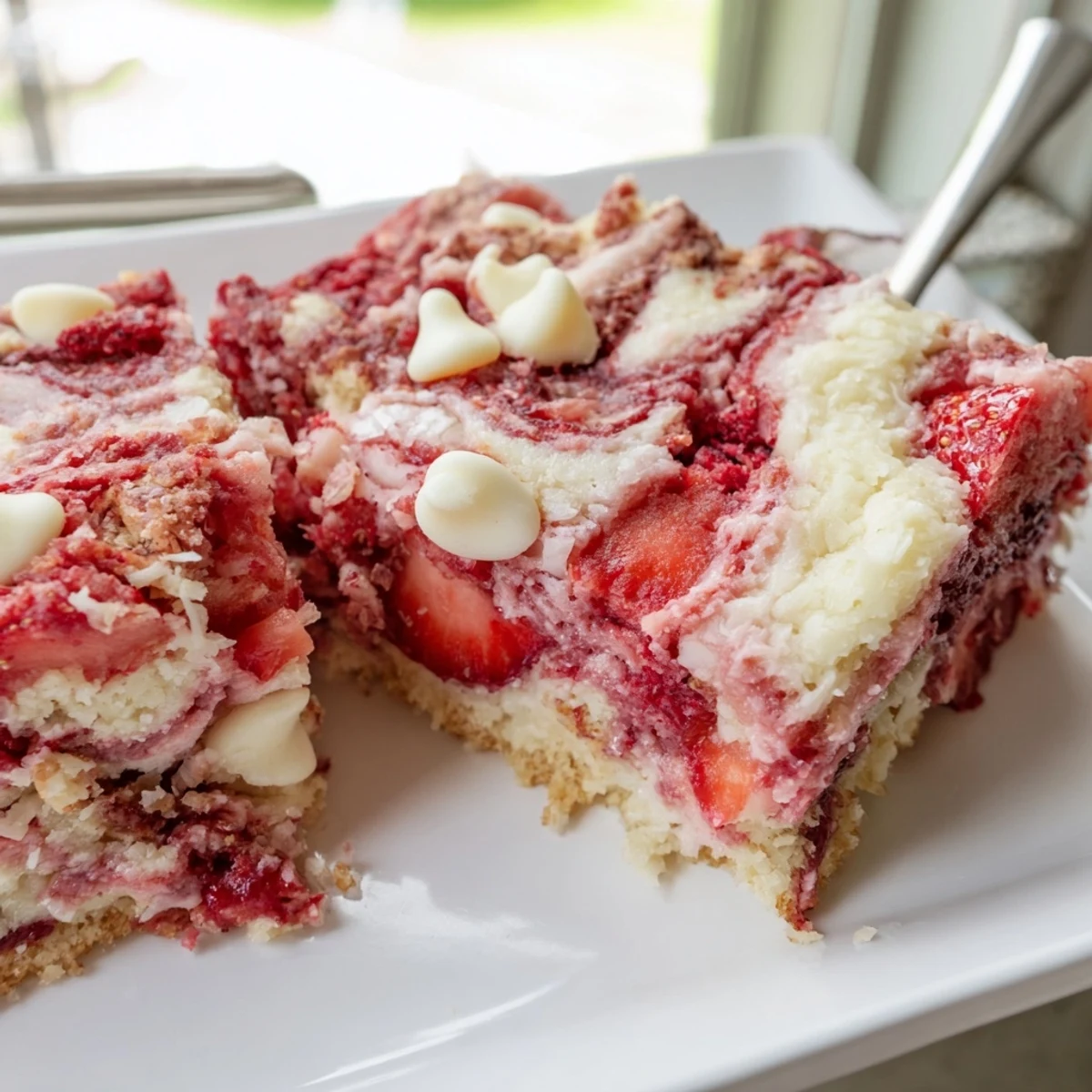 Strawberry earthquake cake with gooey cream cheese swirls and fresh strawberry chunks on top