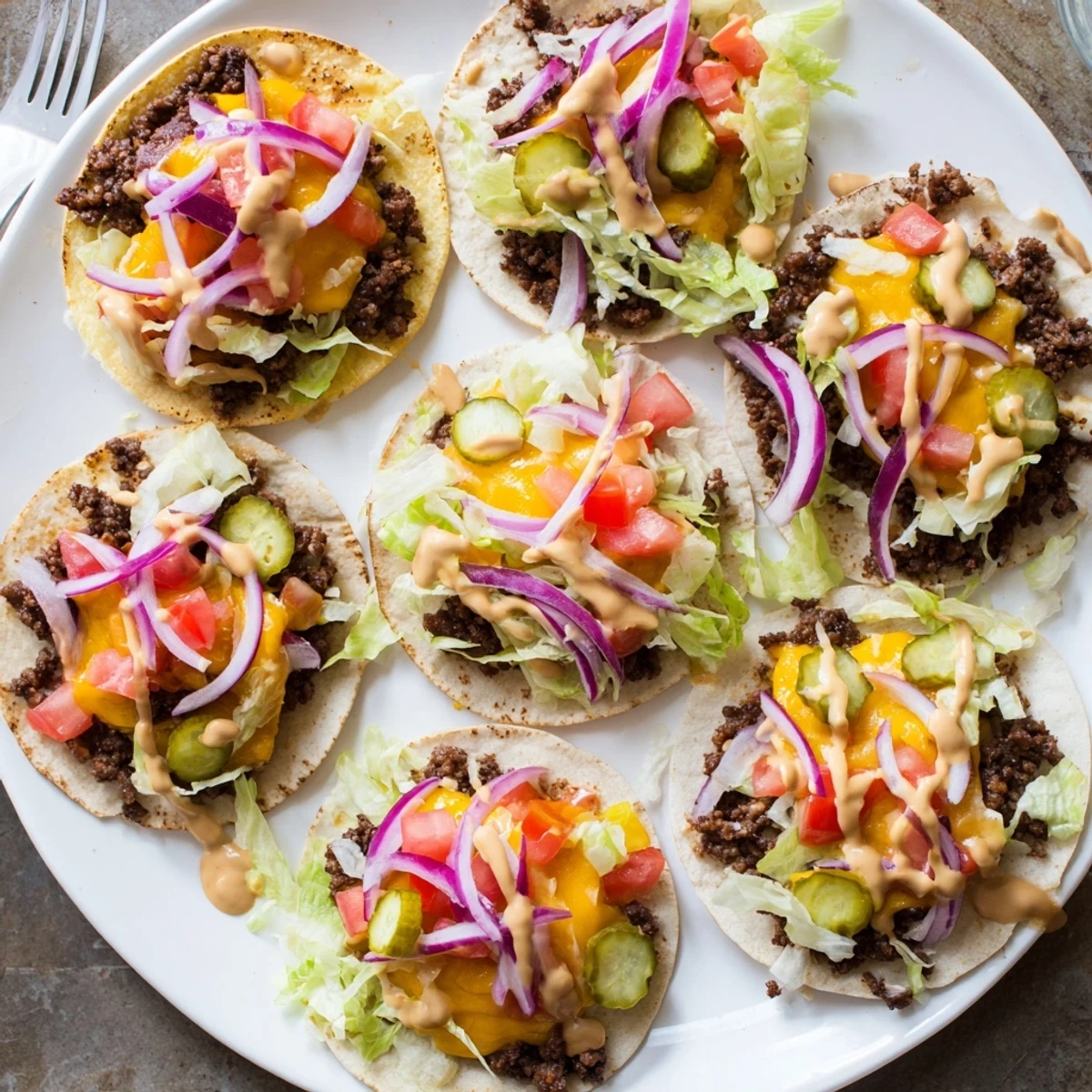 Golden crispy smash burger tacos with melted cheddar cheese and fresh vegetable toppings