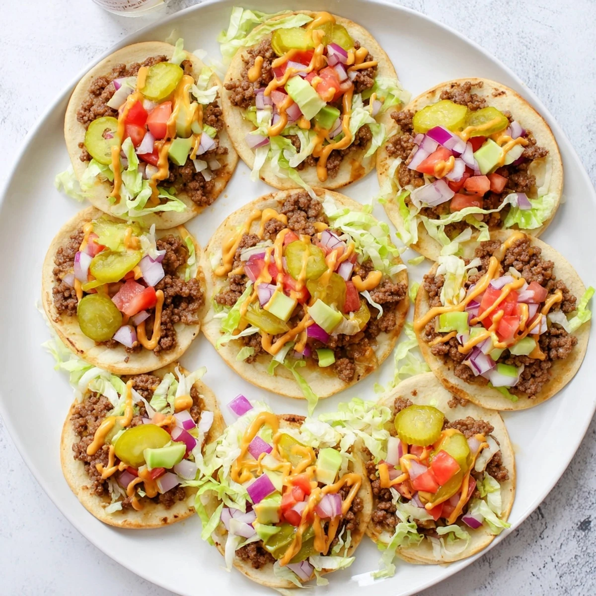 Juicy beef smash burger tacos served on flour tortillas with lettuce, tomato, and pickles