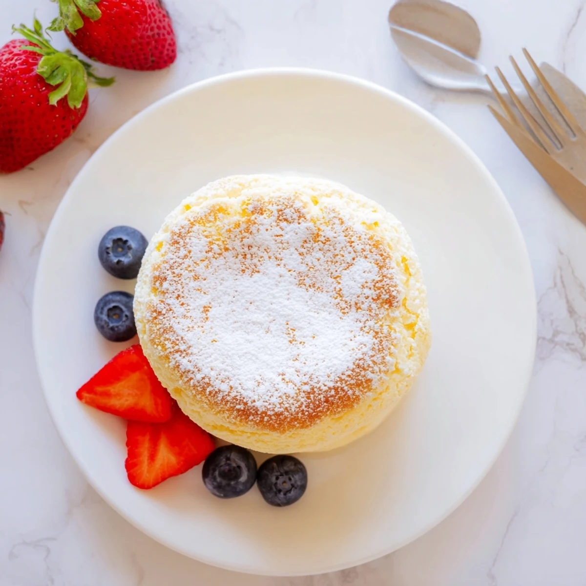 Golden fluffy Japanese cheesecake slice with powdered sugar dusting and fresh strawberry garnish