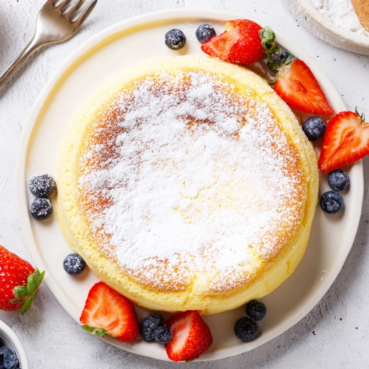 Airy Japanese cheesecake square with delicate crumb structure and lemon zest topping