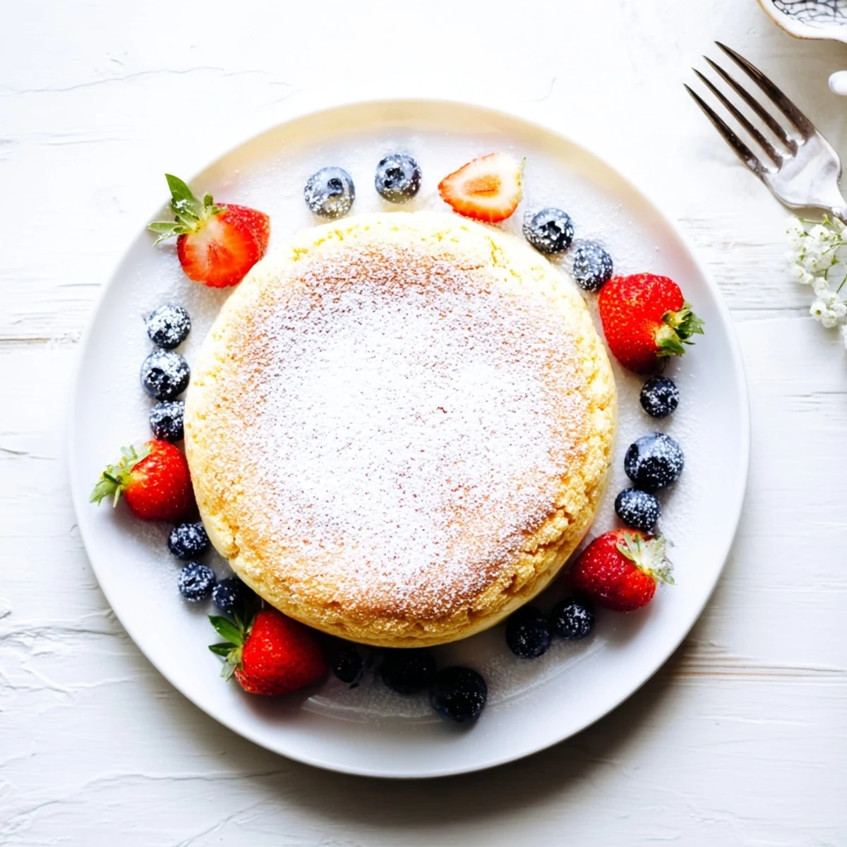 Cloudlike Japanese cheesecake with jiggly soufflé texture served on white ceramic plate