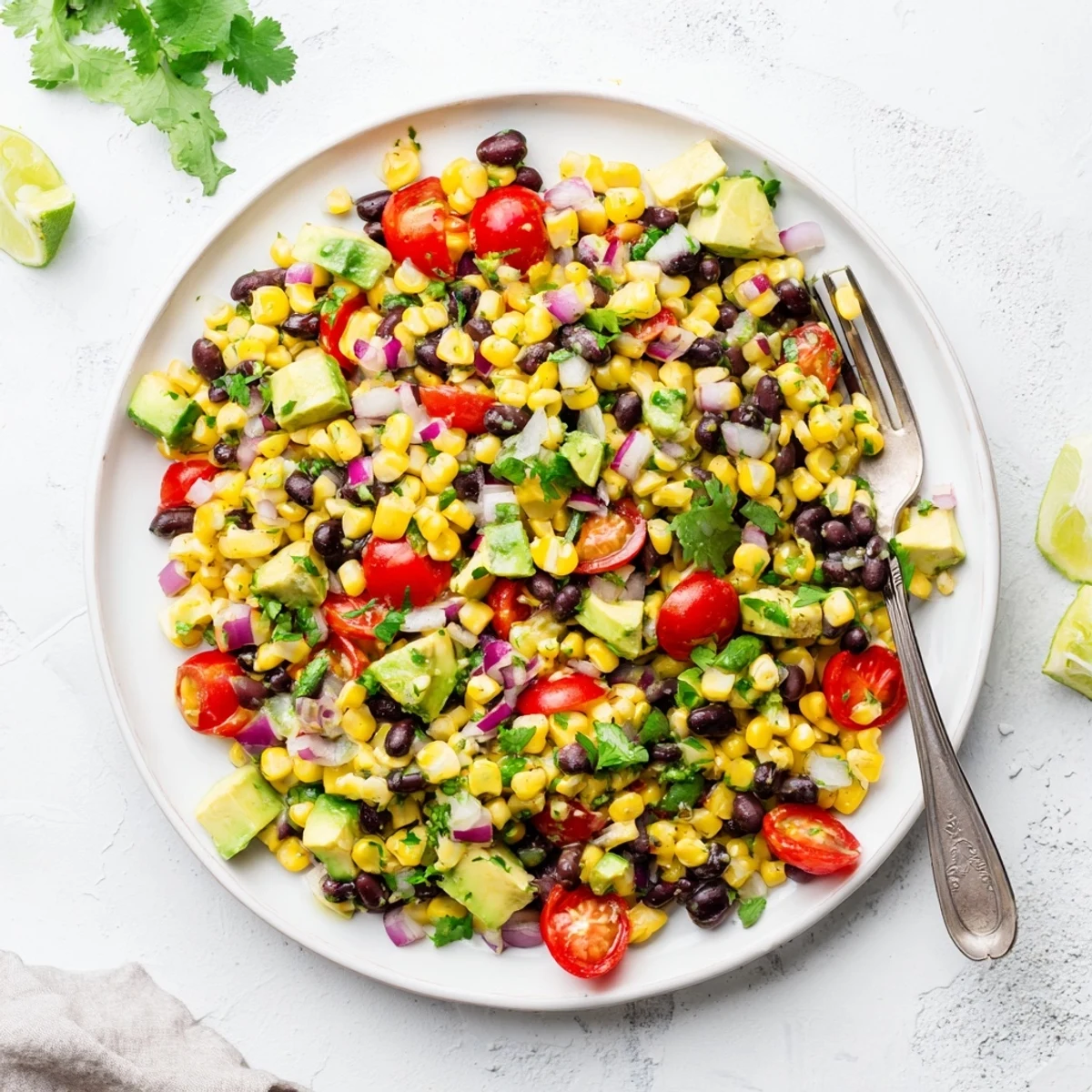 Colorful corn and black bean salad with fresh avocado, tomatoes, and zesty lime dressing in a white bowl