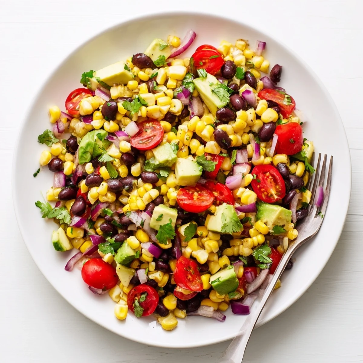 Fresh Tex-Mex style corn and black bean salad topped with cilantro and crisp vegetables ready for serving