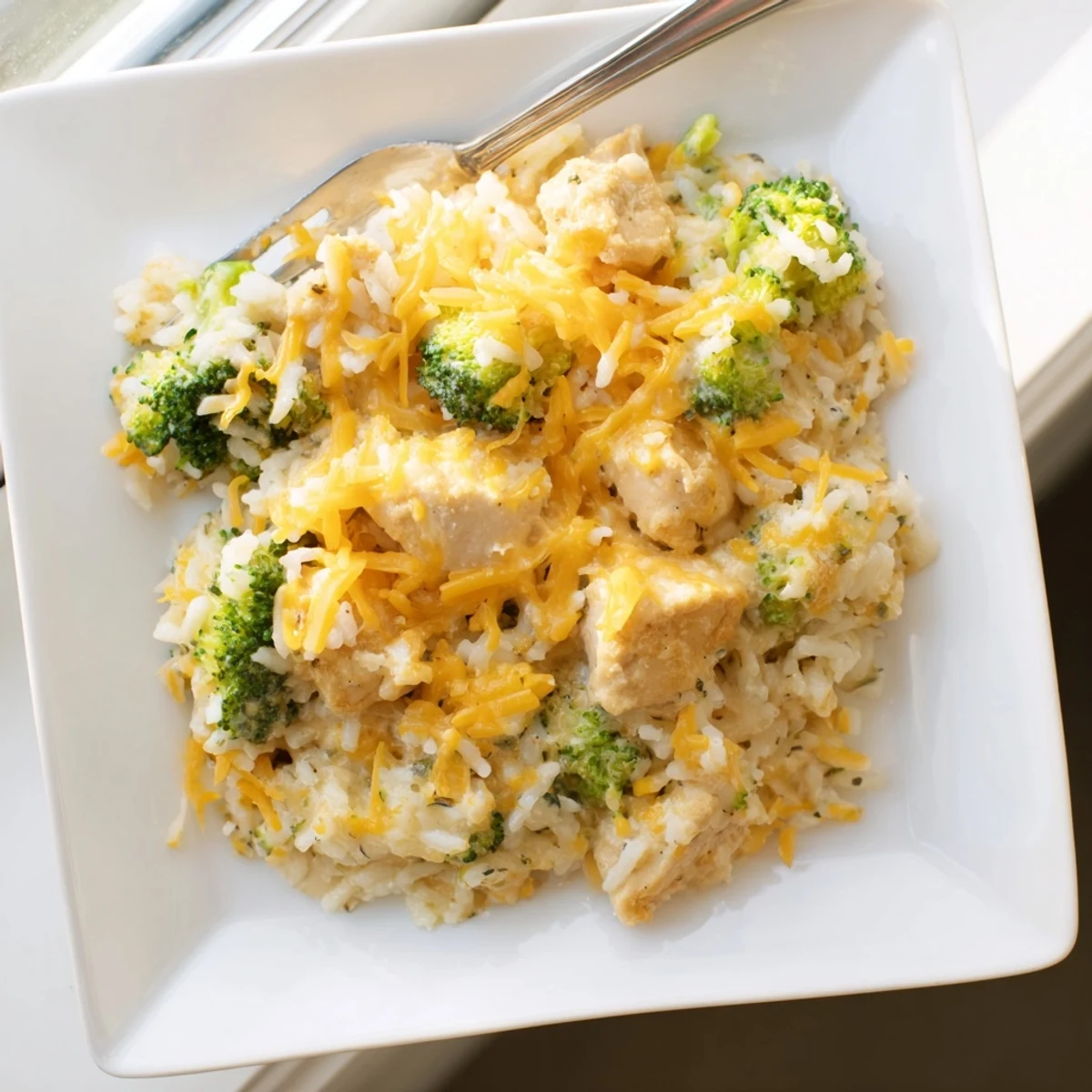 Golden brown chicken broccoli rice cheese casserole topped with buttery panko breadcrumbs bubbling in a baking dish