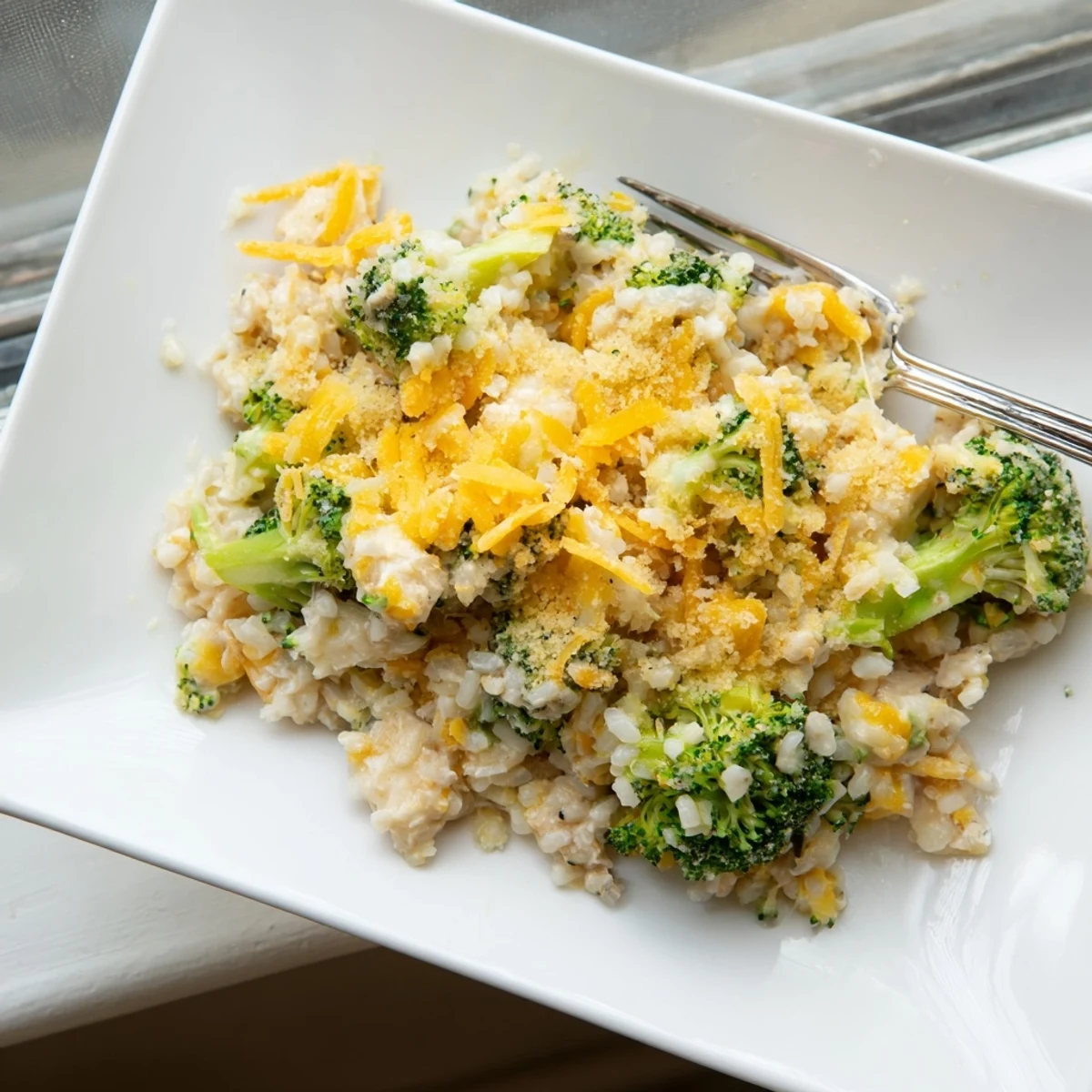 Bubbling chicken broccoli rice cheese casserole with crispy breadcrumb topping fresh from the oven ready for dinner
