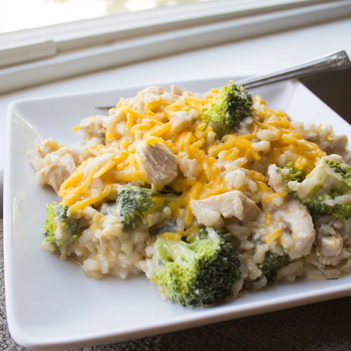 Creamy chicken broccoli rice cheese casserole with melted cheddar and tender broccoli florets served family style