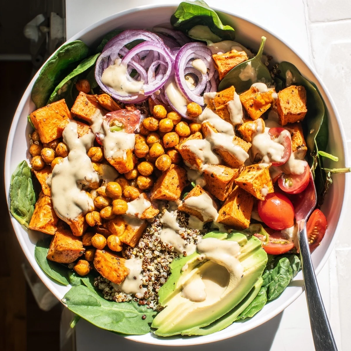 Golden roasted sweet potato bowl with crispy chickpeas, fresh avocado, and drizzled tahini