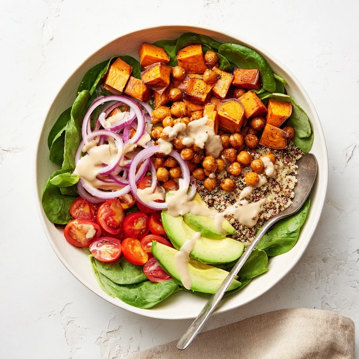 Nourishing sweet potato bowl featuring spiced roasted vegetables and protein-rich chickpeas for lunch