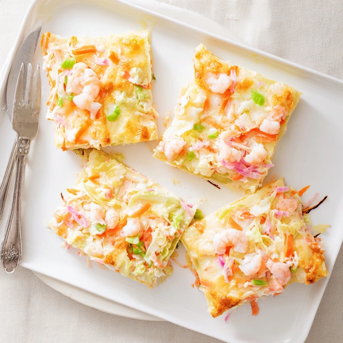 Sliced shrimp dumpling lasagna revealing tender shrimp vegetable filling and creamy ricotta layers