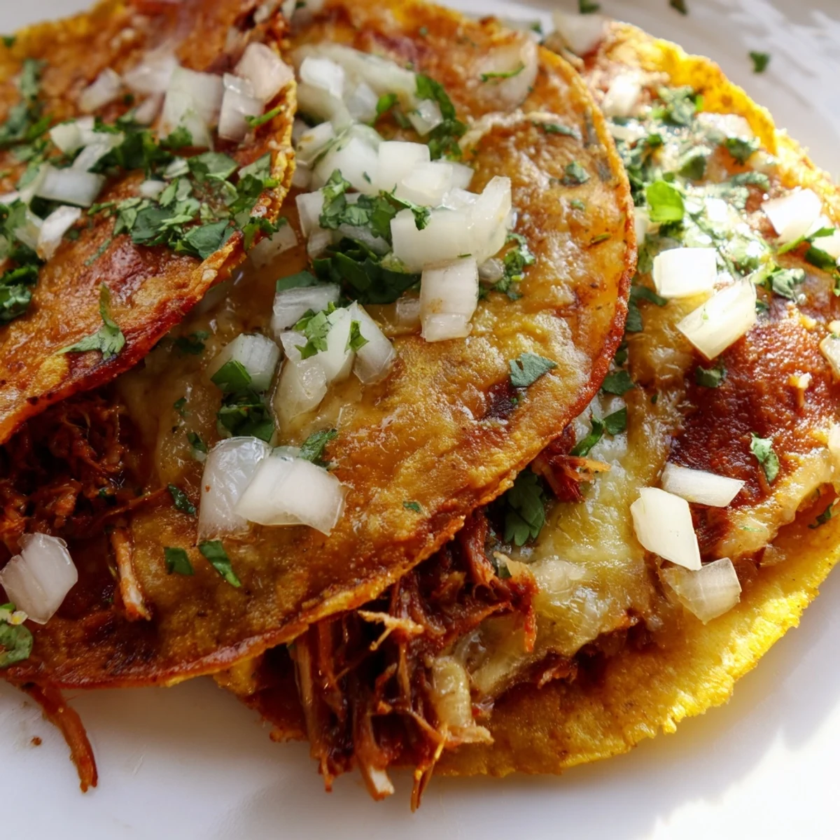 Golden birria tacos with melted cheese, tender beef, and garnished with fresh cilantro and onions