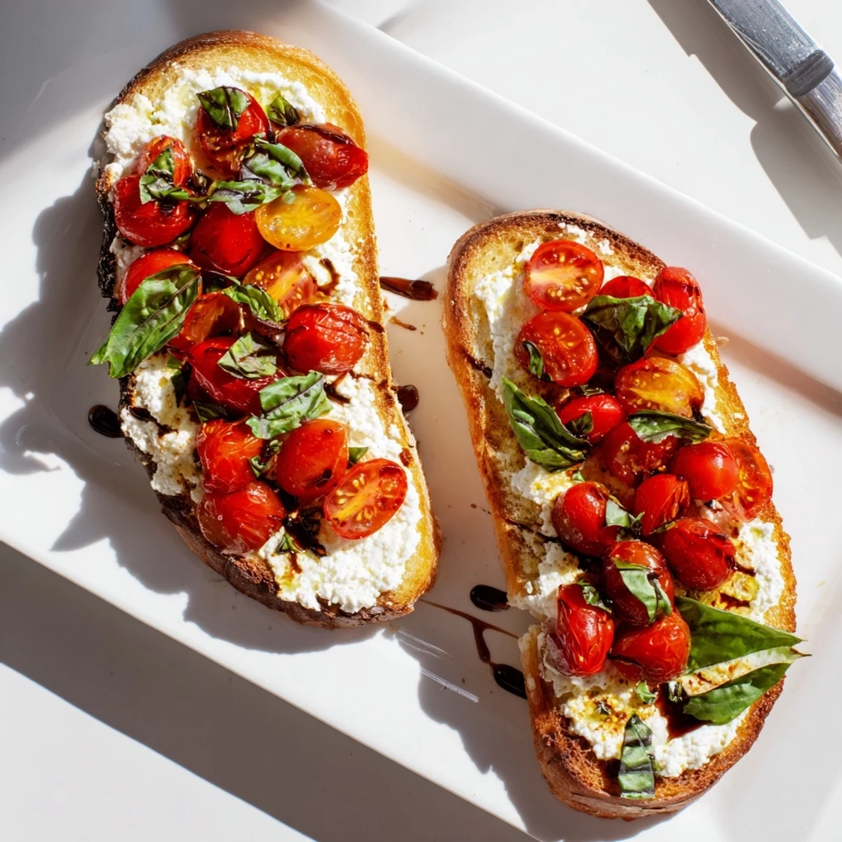 Golden ricotta tomato sourdough toast topped with fresh basil and juicy cherry tomatoes