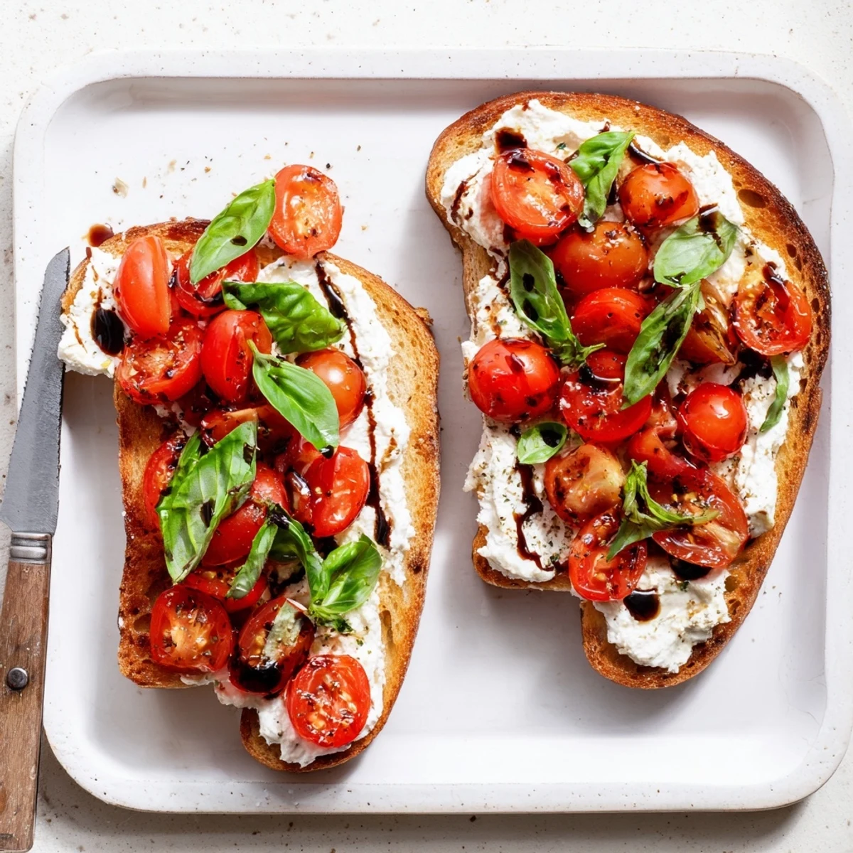 Rustic ricotta tomato sourdough toast drizzled with olive oil and garnished with basil
