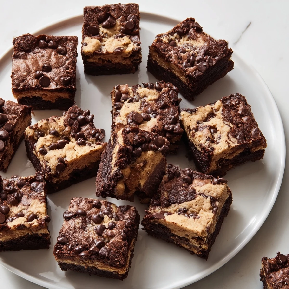 Fudgy chewy browkies with glossy chocolate top and melted chocolate chips on golden cookie swirled layers