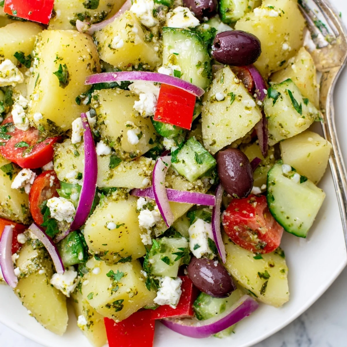 Golden Greek potato salad with tender potatoes, crisp vegetables, feta, and tangy lemon-oregano dressing