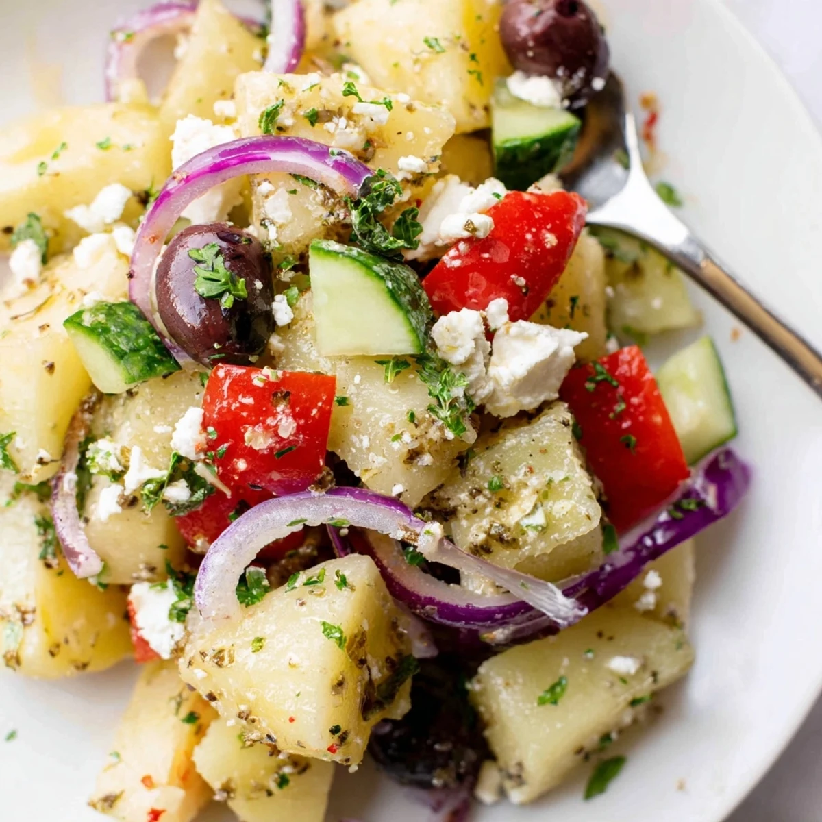 Vibrant bowl of Greek potato salad featuring red potatoes, olives, cherry tomatoes, and crumbled feta